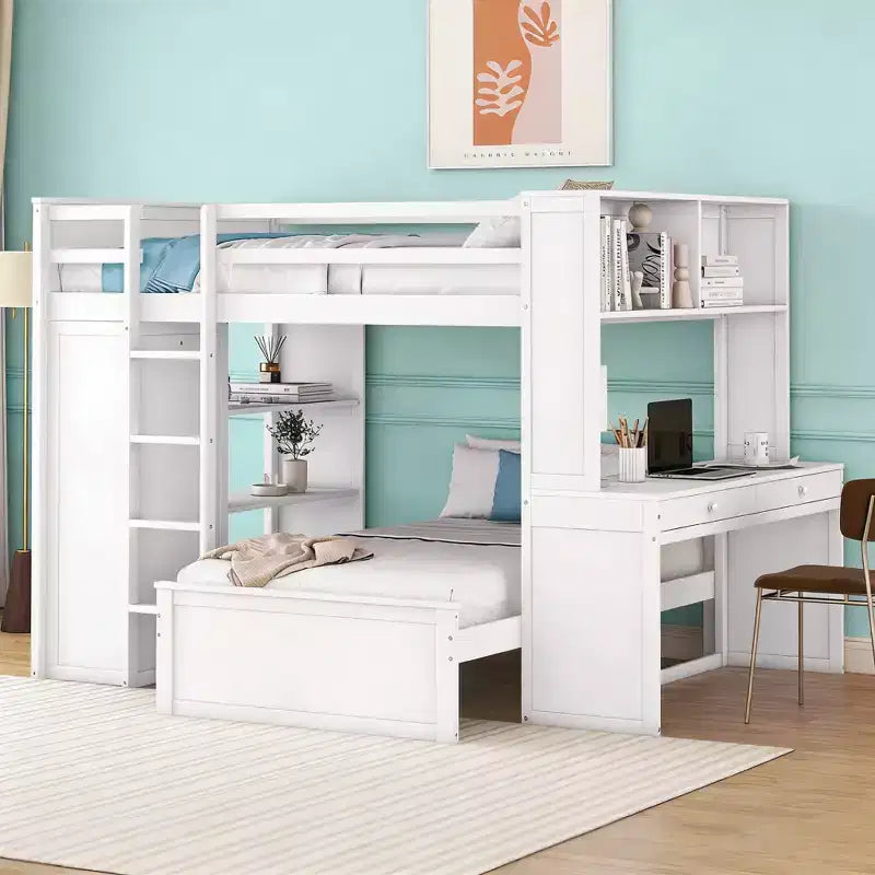 Letto a Castello a L a una Piazza e Mezza / a una Piazza, con Scrivania, Armadio e Mensole, per 2 Persone, Espresso / Grigio / Bianco