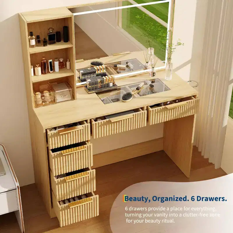 Toeletta da trucco scanalata in bianco/legno – Stile moderno, utente singolo