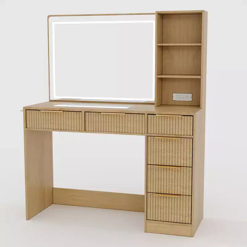 Toeletta da trucco scanalata in bianco/legno – Stile moderno, utente singolo