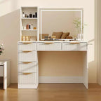 52 Fluted Makeup Vanity Desk with Mirror, Glass Top Dressing Table, 6 Drawers, Open Shelves, and Hairdryer Stand for Bedroom