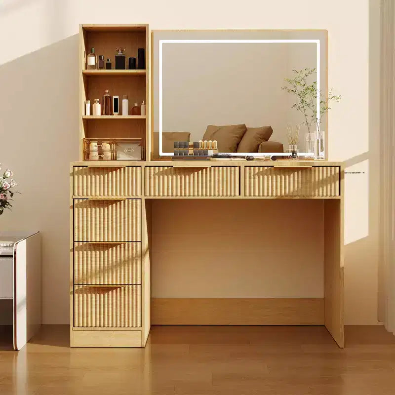 Toeletta da trucco scanalata in bianco/legno – Stile moderno, utente singolo