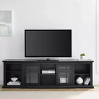 Mobile TV transizionale bianco/nero con ante in vetro, adatto a TV fino a 85"