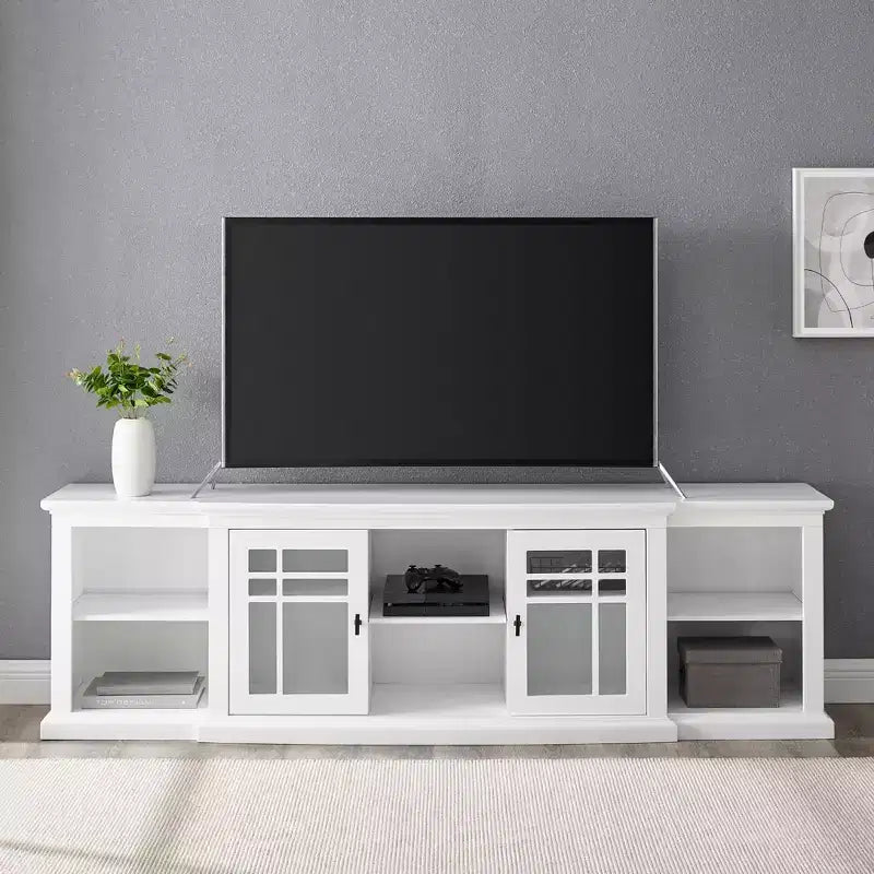 Mobile TV transizionale bianco/nero con ante in vetro, adatto a TV fino a 85"
