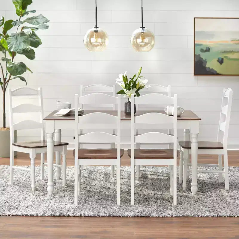 Set da pranzo rettangolare bianco/noce, 7 pezzi, 6 posti a sedere