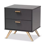 Kelson Wood 2 Drawer Nightstand Dark Gray/Gold - Baxton Studio: Modern Bedside Furniture, Gold-Tone Legs
