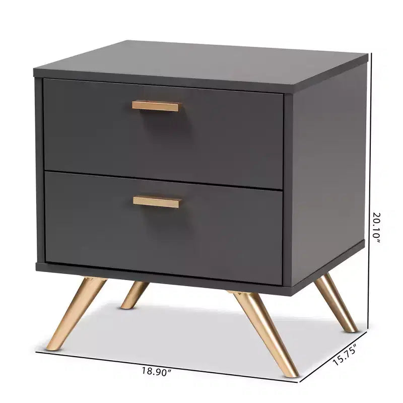 Comodino a 2 cassetti grigio scuro e oro – Rettangolare, 1 Persona