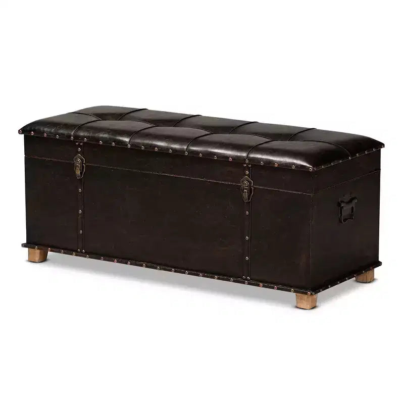 Poggiapiedi contenitore trapuntato in similpelle marrone scuro con gambe in rovere, 1 posto