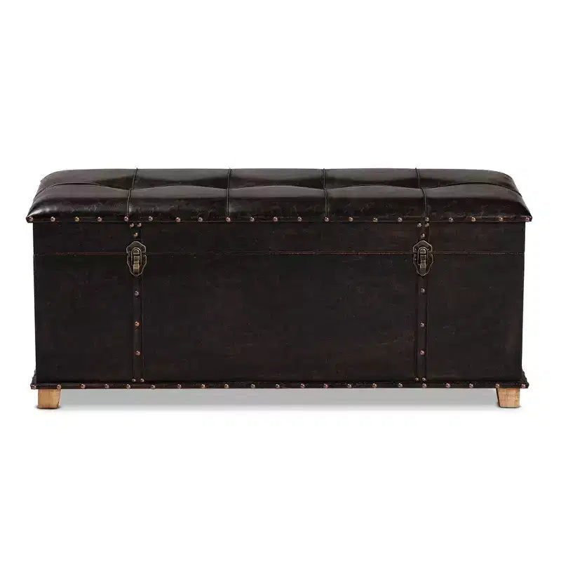 Poggiapiedi contenitore trapuntato in similpelle marrone scuro con gambe in rovere, 1 posto