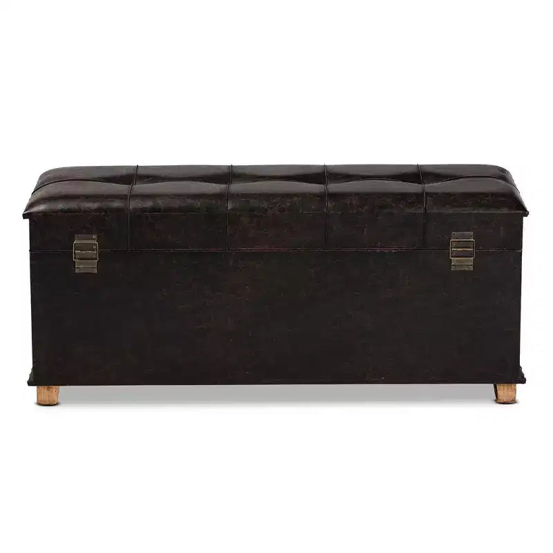Poggiapiedi contenitore trapuntato in similpelle marrone scuro con gambe in rovere, 1 posto