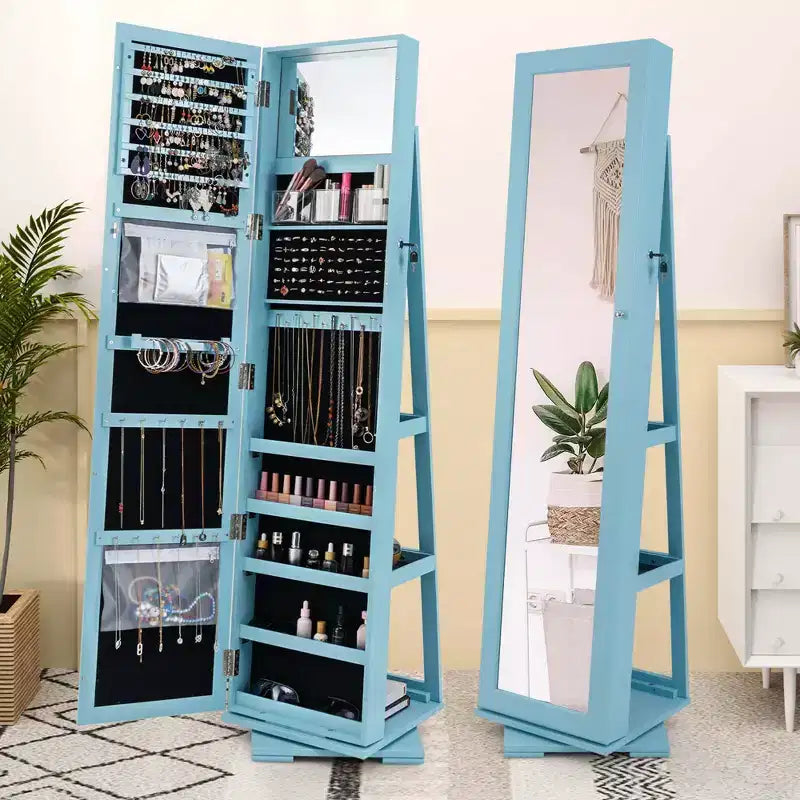 Armadietto Portagioie Rotante a 360° con Specchio e Chiave – Nero / Blu / Marrone / Caffè / Marrone Scuro / Grigio Scuro / Grigio / Viola Chiaro / Rosa / Bianco – Utente Singolo
