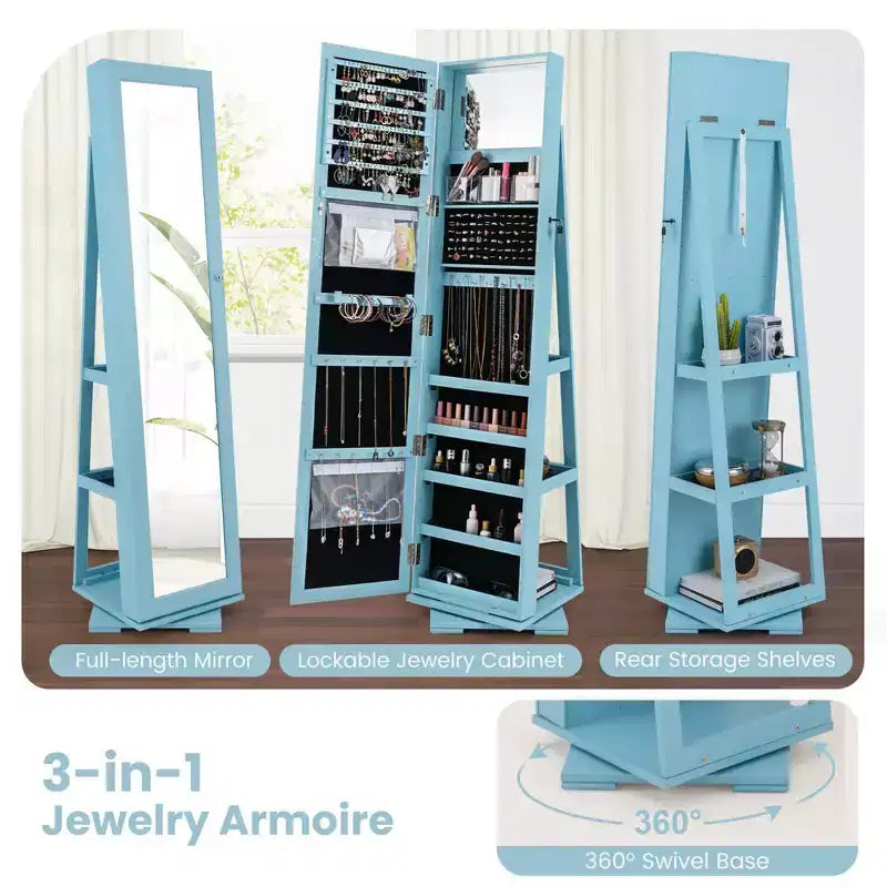 Armadietto Portagioie Rotante a 360° con Specchio e Chiave – Nero / Blu / Marrone / Caffè / Marrone Scuro / Grigio Scuro / Grigio / Viola Chiaro / Rosa / Bianco – Utente Singolo
