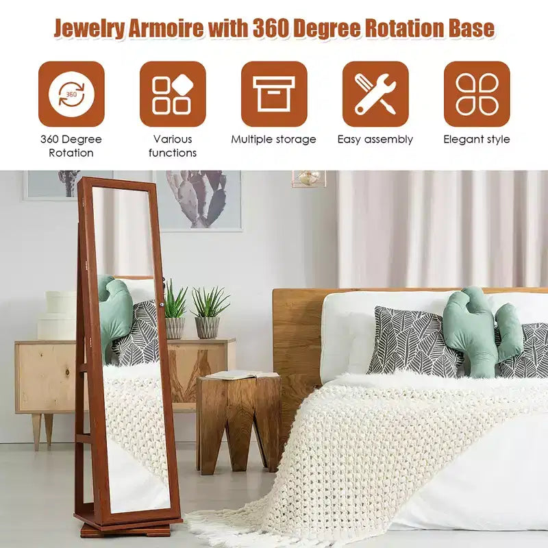 Armadietto Portagioie Rotante a 360° con Specchio e Chiave – Nero / Blu / Marrone / Caffè / Marrone Scuro / Grigio Scuro / Grigio / Viola Chiaro / Rosa / Bianco – Utente Singolo