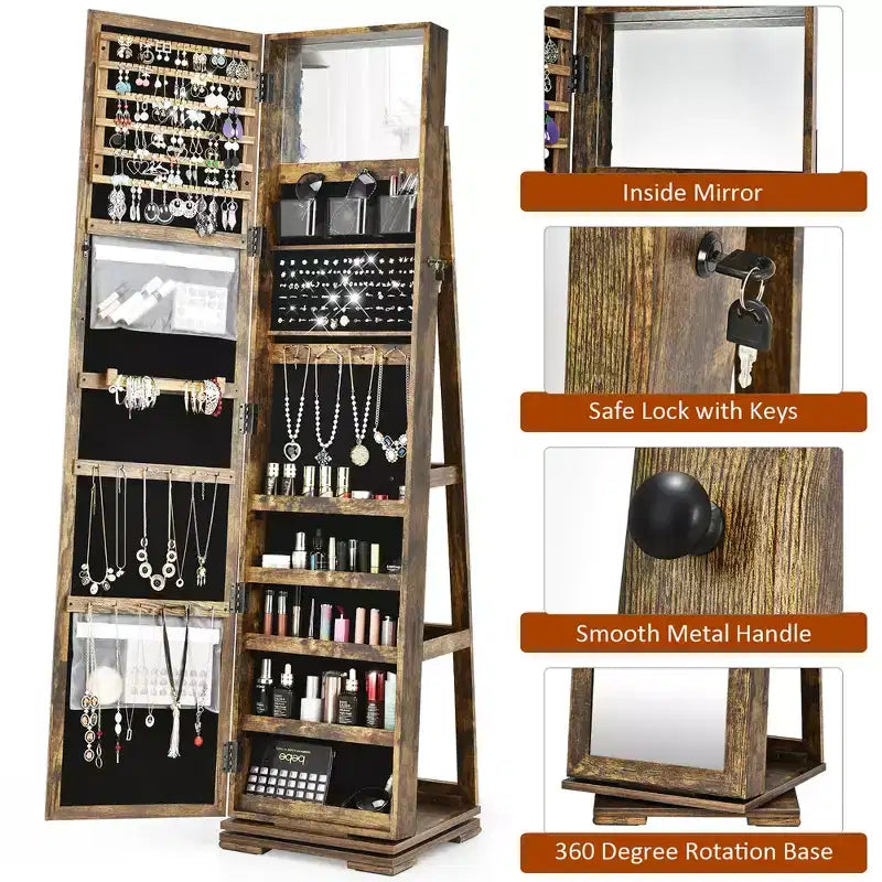 Armadietto Portagioie Rotante a 360° con Specchio e Chiave – Nero / Blu / Marrone / Caffè / Marrone Scuro / Grigio Scuro / Grigio / Viola Chiaro / Rosa / Bianco – Utente Singolo