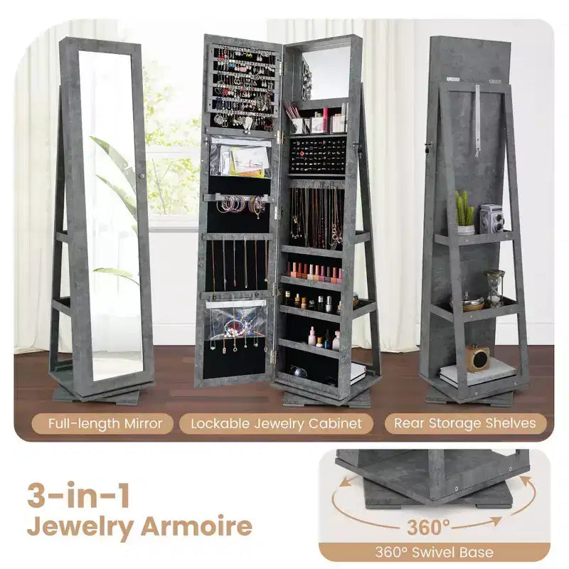Armadietto Portagioie Rotante a 360° con Specchio e Chiave – Nero / Blu / Marrone / Caffè / Marrone Scuro / Grigio Scuro / Grigio / Viola Chiaro / Rosa / Bianco – Utente Singolo