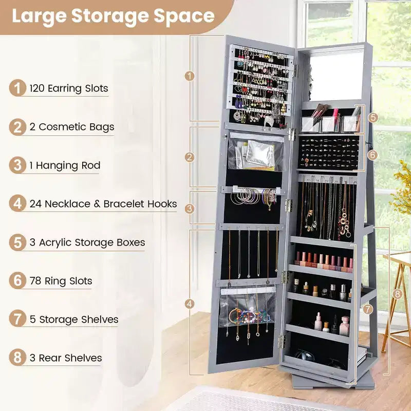 Armadietto Portagioie Rotante a 360° con Specchio e Chiave – Nero / Blu / Marrone / Caffè / Marrone Scuro / Grigio Scuro / Grigio / Viola Chiaro / Rosa / Bianco – Utente Singolo