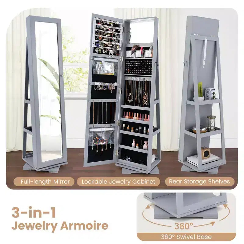 Armadietto Portagioie Rotante a 360° con Specchio e Chiave – Nero / Blu / Marrone / Caffè / Marrone Scuro / Grigio Scuro / Grigio / Viola Chiaro / Rosa / Bianco – Utente Singolo