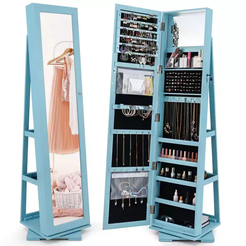 Armadietto Portagioie Rotante a 360° con Specchio e Chiave – Nero / Blu / Marrone / Caffè / Marrone Scuro / Grigio Scuro / Grigio / Viola Chiaro / Rosa / Bianco – Utente Singolo