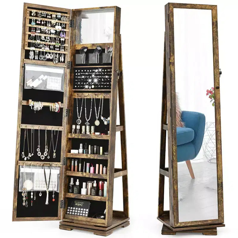 Armadietto Portagioie Rotante a 360° con Specchio e Chiave – Nero / Blu / Marrone / Caffè / Marrone Scuro / Grigio Scuro / Grigio / Viola Chiaro / Rosa / Bianco – Utente Singolo