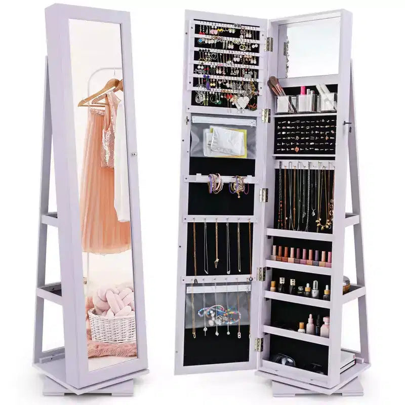 Armadietto Portagioie Rotante a 360° con Specchio e Chiave – Nero / Blu / Marrone / Caffè / Marrone Scuro / Grigio Scuro / Grigio / Viola Chiaro / Rosa / Bianco – Utente Singolo