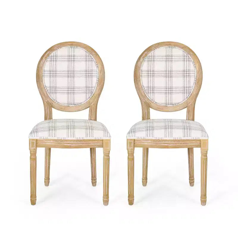 Sedia da pranzo senza braccioli a righe blu scuro / motivo scozzese grigio, set da 2