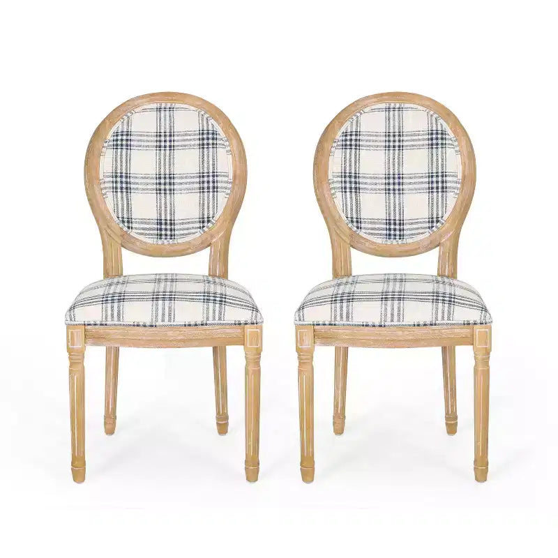 Sedia da pranzo senza braccioli a righe blu scuro / motivo scozzese grigio, set da 2