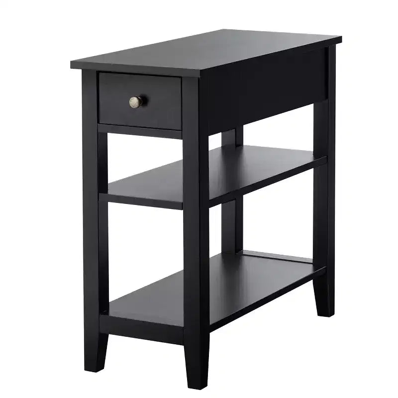 Comodino/Tavolino a 3 Ripiani Nero con Cassetto e Mensole, Set da 2