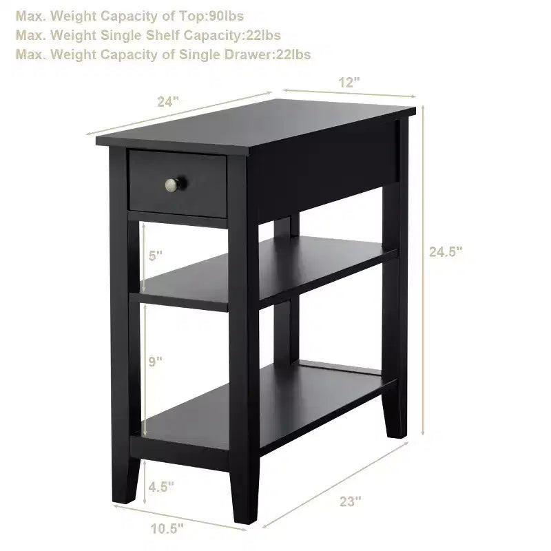 Comodino/Tavolino a 3 Ripiani Nero con Cassetto e Mensole, Set da 2