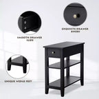 Comodino/Tavolino a 3 Ripiani Nero con Cassetto e Mensole, Set da 2
