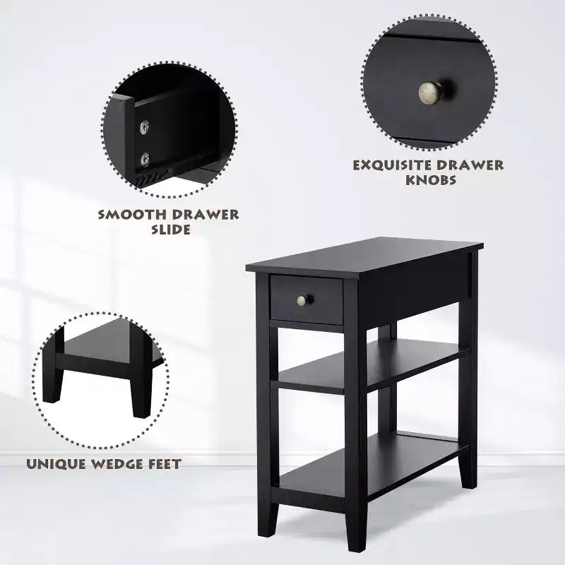 Comodino/Tavolino a 3 Ripiani Nero con Cassetto e Mensole, Set da 2