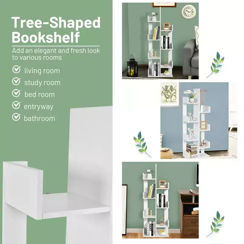 Libreria a 8 Ripiani a Albero in Bianco/Nero, Autoportante, per 1 Utente