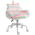 HOMCOM Fluffy Unicorn Office Chair with Mid-Back and Armrest Support, 5 Star Swivel Wheel White Base, Rainbow