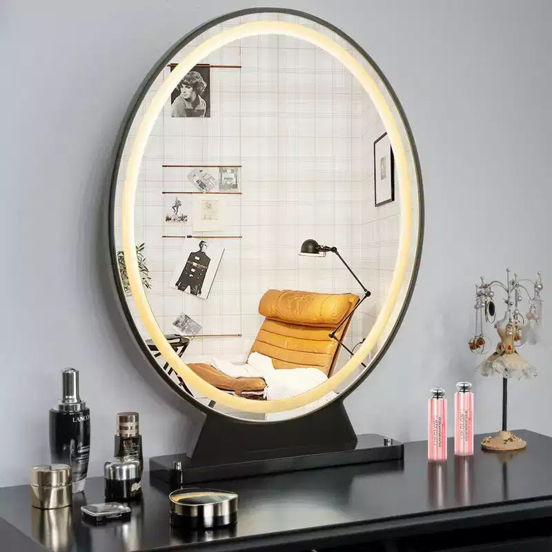 Specchio ovale da trucco nero/oro/bianco con luci LED, dimmerazione a 4 colori, telecomando, 1 persona