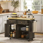 Carrello/Isola da Cucina con Ruote Nero/Marrone Quercia/Grigio/Bianco con Piano in Legno di Gomma, Cassetti e Porta Spezie