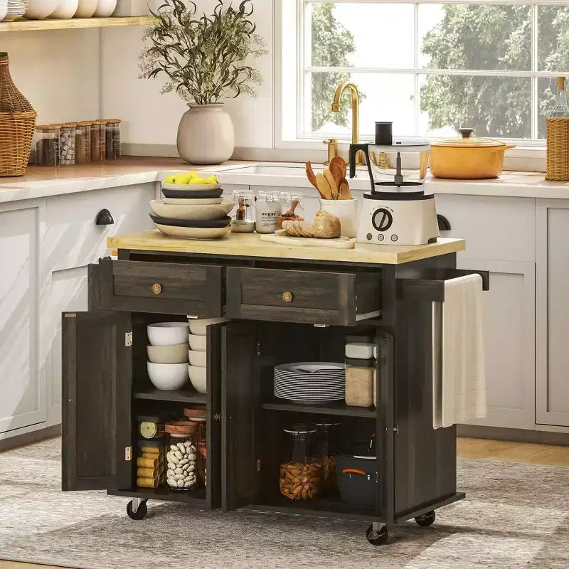Carrello/Isola da Cucina con Ruote Nero/Marrone Quercia/Grigio/Bianco con Piano in Legno di Gomma, Cassetti e Porta Spezie
