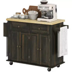 Carrello/Isola da Cucina con Ruote Nero/Marrone Quercia/Grigio/Bianco con Piano in Legno di Gomma, Cassetti e Porta Spezie