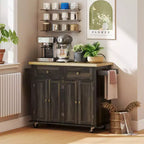 Carrello/Isola da Cucina con Ruote Nero/Marrone Quercia/Grigio/Bianco con Piano in Legno di Gomma, Cassetti e Porta Spezie