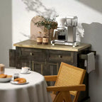 Carrello/Isola da Cucina con Ruote Nero/Marrone Quercia/Grigio/Bianco con Piano in Legno di Gomma, Cassetti e Porta Spezie