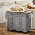Carrello/Isola da Cucina con Ruote Nero/Marrone Quercia/Grigio/Bianco con Piano in Legno di Gomma, Cassetti e Porta Spezie