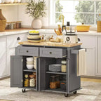 Carrello/Isola da Cucina con Ruote Nero/Marrone Quercia/Grigio/Bianco con Piano in Legno di Gomma, Cassetti e Porta Spezie