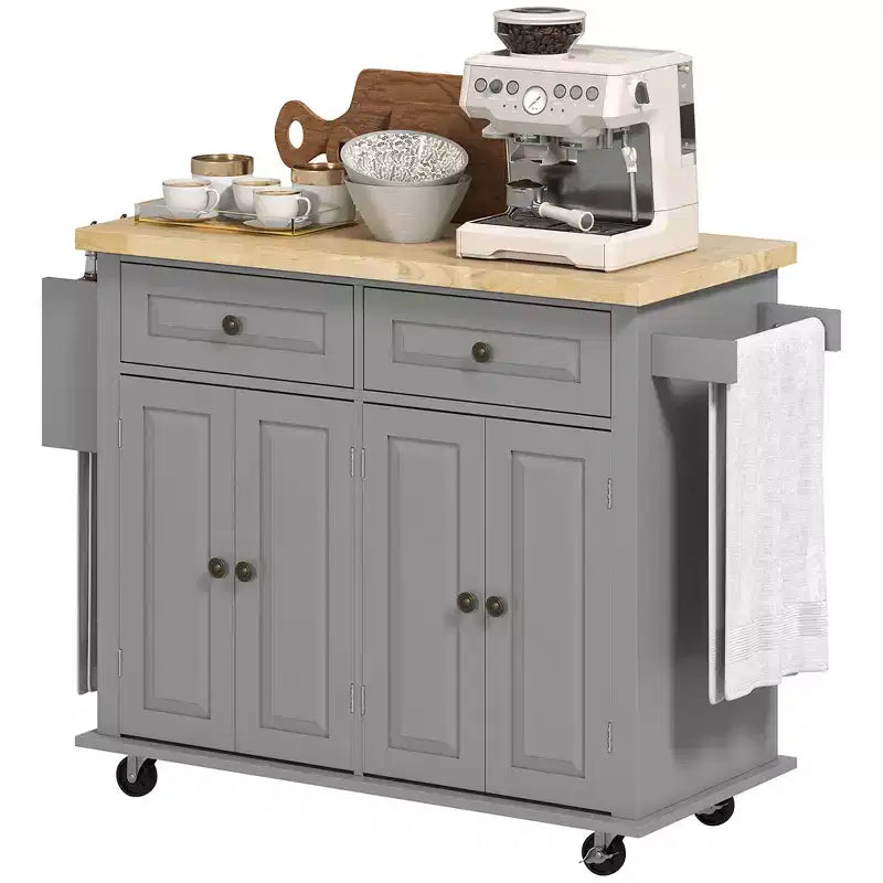 Carrello/Isola da Cucina con Ruote Nero/Marrone Quercia/Grigio/Bianco con Piano in Legno di Gomma, Cassetti e Porta Spezie