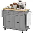 Carrello/Isola da Cucina con Ruote Nero/Marrone Quercia/Grigio/Bianco con Piano in Legno di Gomma, Cassetti e Porta Spezie