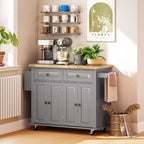 Carrello/Isola da Cucina con Ruote Nero/Marrone Quercia/Grigio/Bianco con Piano in Legno di Gomma, Cassetti e Porta Spezie