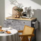 Carrello/Isola da Cucina con Ruote Nero/Marrone Quercia/Grigio/Bianco con Piano in Legno di Gomma, Cassetti e Porta Spezie
