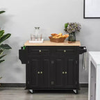 Carrello/Isola da Cucina con Ruote Nero/Marrone Quercia/Grigio/Bianco con Piano in Legno di Gomma, Cassetti e Porta Spezie