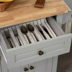 Carrello/Isola da Cucina con Ruote Nero/Marrone Quercia/Grigio/Bianco con Piano in Legno di Gomma, Cassetti e Porta Spezie