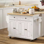 Carrello/Isola da Cucina con Ruote Nero/Marrone Quercia/Grigio/Bianco con Piano in Legno di Gomma, Cassetti e Porta Spezie