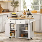 Carrello/Isola da Cucina con Ruote Nero/Marrone Quercia/Grigio/Bianco con Piano in Legno di Gomma, Cassetti e Porta Spezie