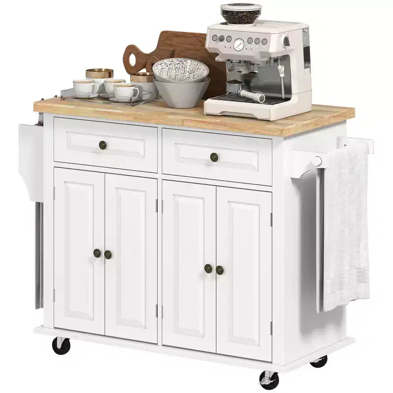 Carrello/Isola da Cucina con Ruote Nero/Marrone Quercia/Grigio/Bianco con Piano in Legno di Gomma, Cassetti e Porta Spezie