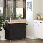 Carrello/Isola da Cucina con Ruote Nero/Marrone Quercia/Grigio/Bianco con Piano in Legno di Gomma, Cassetti e Porta Spezie