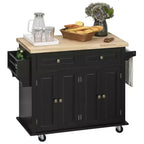 Carrello/Isola da Cucina con Ruote Nero/Marrone Quercia/Grigio/Bianco con Piano in Legno di Gomma, Cassetti e Porta Spezie